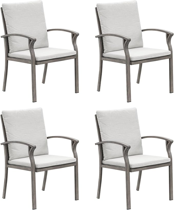 SEEHILL Patio Dining Chairs Set of 4, Aluminum Outdoor Dining Chairs with Thick Cushion, Patio Outdoor Chair Set for Table, Patio Chair Furniture Set for Deck, Backyard, Garden, Pool, Limed Oak