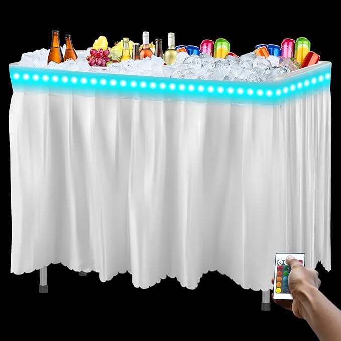 IWDOO 4 Foot Led Ice Cooler Table, Outdoor Cooler Table with Removable Matching Skirt LED Light Strip Drain Plug and Shelf, Folding Ice Tables for Party, BBQ, Camping, Picnic
