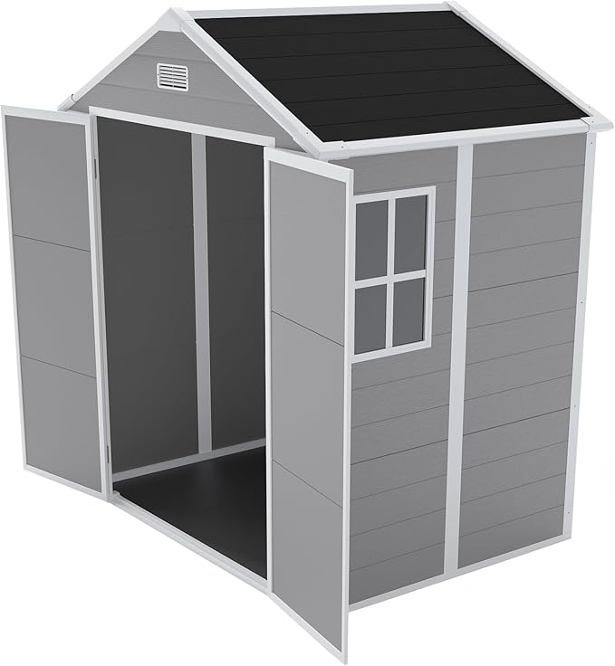 Outdoor Storage Shed 6x5 FT, Resin Shed with Floor & Window, Lockable Door, Vents, Outside Sheds & Garden Shed for Patio Furniture, Gardening Tools, Pool Equipment (Grey, 6 * 5ft)