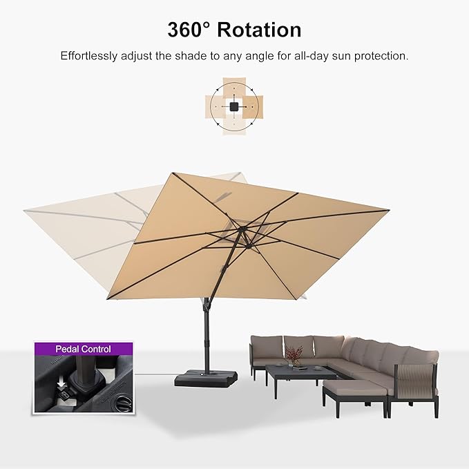 PURPLE LEAF 9' × 11.5' Outdoor Cantilever Umbrella with Base Patio Rectangle Adjustable Offset Umbrellas with 360-degree Rotation and 8 Heavy Duty Metal Ribs for Garden Deck Pool Beige
