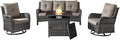Belord Outdoor Patio Furniture Set with 50000BTU Propane Fire Pit Table, 4 Pieces Wicker Patio Conversation Set with 2 Swivel Rocker Glider Chairs Rattan Sofa Grey Cushion Perfect for Gathering