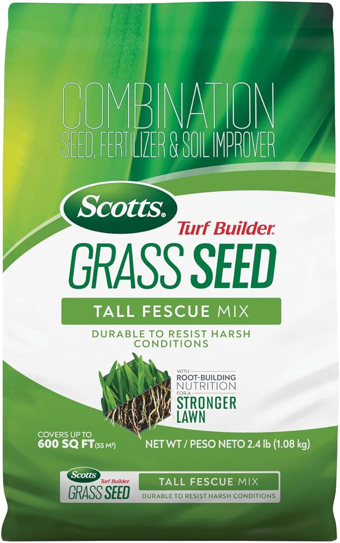 Scotts Turf Builder Grass Seed Tall Fescue Mix Durable to Resist Harsh Conditions with Root-Building Nutrition, 2.4 lb.
