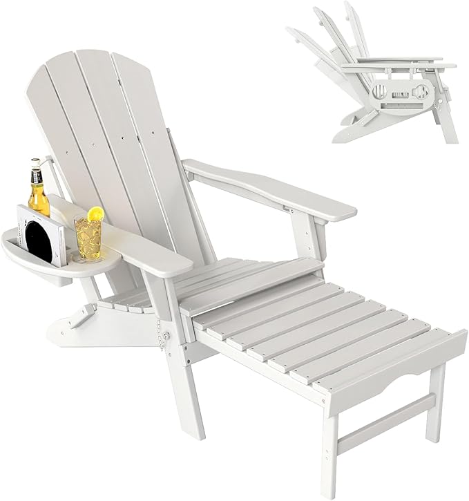 Adjustable Adirondack Chair with Retractable Ottoman, HDPE Folding Adirondack Chair with Cup Holder, All Weather Fire Pit Chair for Outdoor