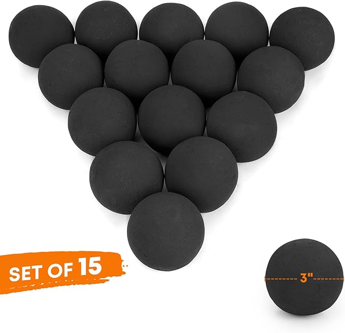 Stanbroil Ceramic Balls - 3” Round Fire Stones for Fire Pit Fire Bowl and Fireplace - Set of 15, Black