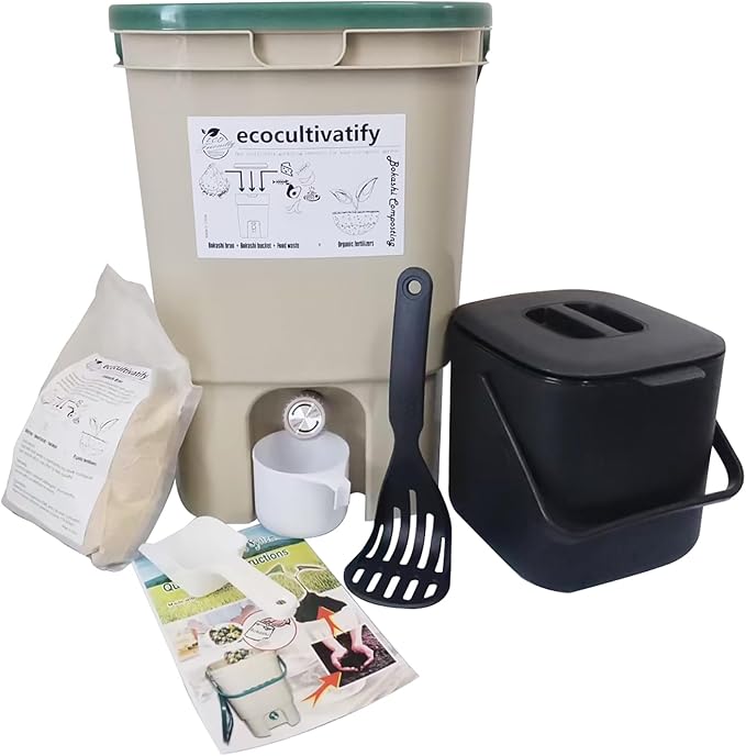 20L Bokashi Bucket with Air Sealing Lid, 5 Gallon Compost Bin, Kitchen Composter with Bran, Kitchen Compost Pail, ecocultivatify Bokashi Kit Set with Starter (Tan & Dark Green)