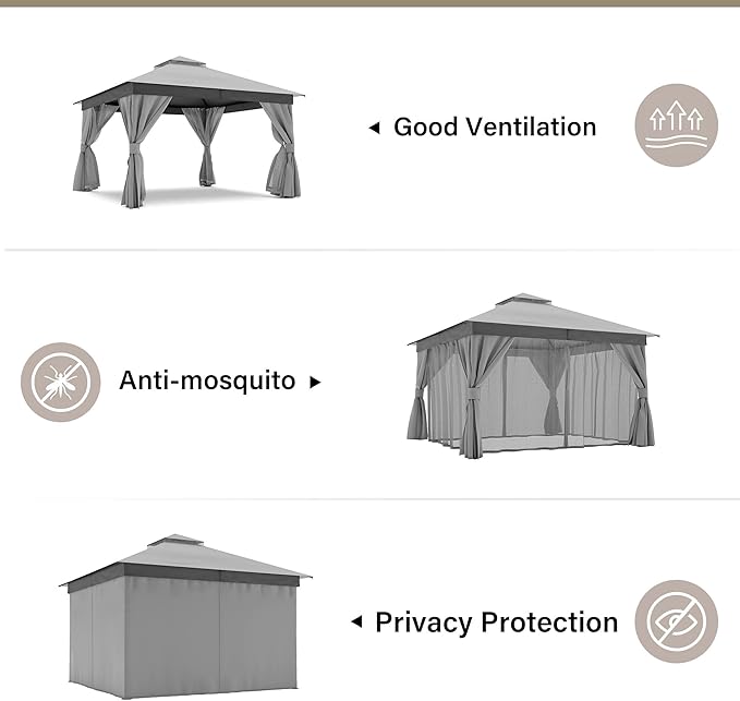 LAUSAINT HOME Outdoor Patio Gazebo 12'x12' with Expansion Bolts, Heavy Duty Party Tent & Shelter with Double Roofs, Mosquito Nettings and Privacy Screens for Backyard (Grey)