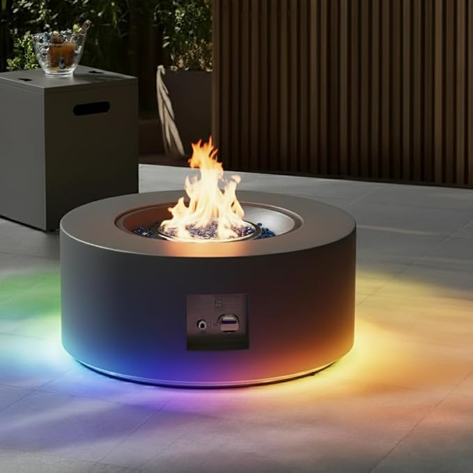 30" Round Propane Fire Pit Table - 50K BTU with Lid, Rocks Tank Storage and Cover - Round Gas Fire Pits for Outside Patio - Outdoor Table with Firepit (Gray/RGB Light, 30" Round)