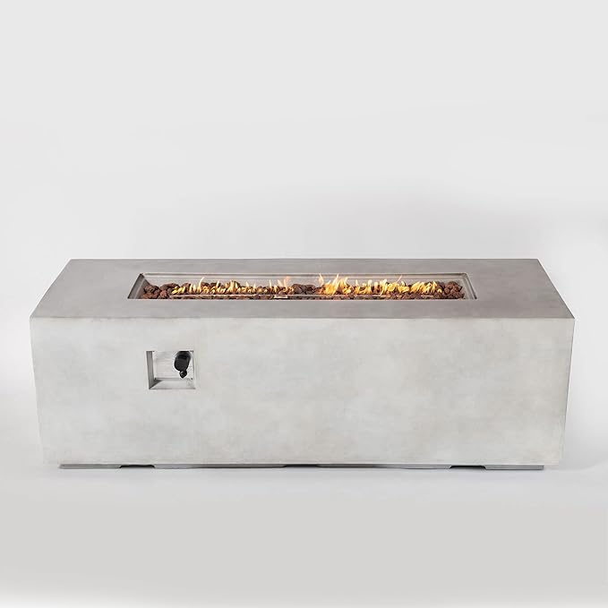 70 Inch Propane Fire Pit Table, Concrete Firepits for Outside, Rectangular Gas Fire Pit for Outside Patio, Backyard, Pool, 60,000 BTU, Free Lava Rocks, Light Gray