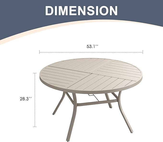 VICLLAX Round Patio Dining Table, 6-8 Person Metal Outdoor Dining Table with Umbrella Hole and Storage Shelf for Garden Lawn Deck, 53" Sandshell