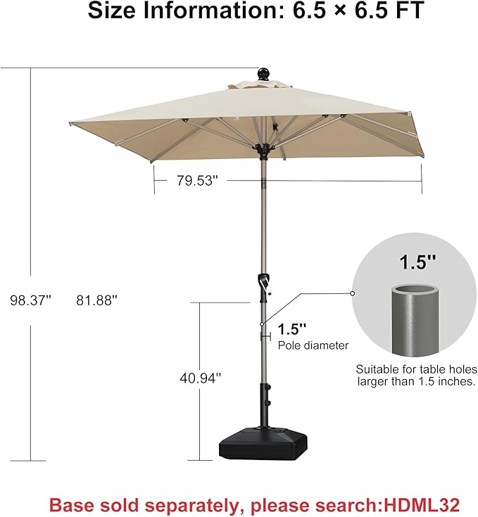 PURPLE LEAF 6.5' x 6.5' Square Patio Umbrella with Tilt Adjustment, Outdoor Table Umbrella Champagne Aluminum Frame, Market Umbrella Pool Umbrella for Deck Garden, Patio, or Poolside
