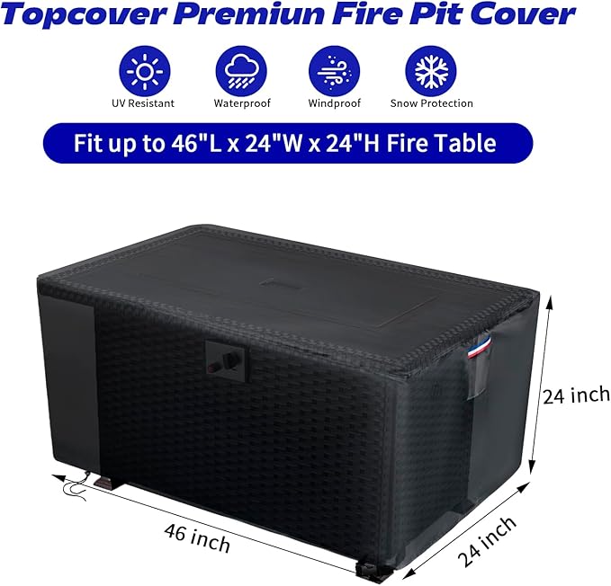 Rectangle Fire Pit Cover,Waterproof 600D Heavy Duty Outdoor Firepit Table Cover For 45 Inch Rectangular Propane Gas Fire Pit Table,Tear Resistant Fireplace Covers - 46"L x 24"W x 24"H,Black