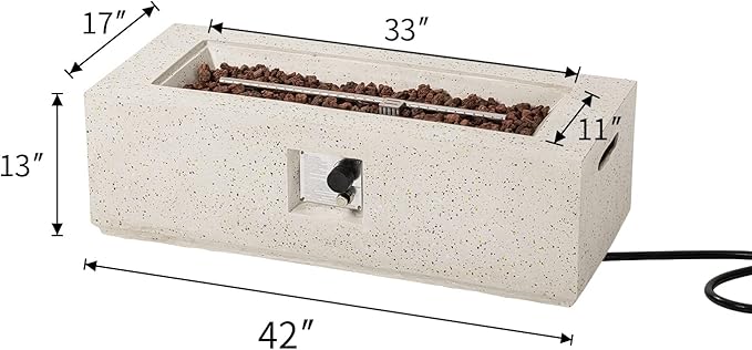 COSIEST Outdoor Propane Fire Pit Coffee Table, 42-inch x 13-inch Terrazzo Rectangle Base Patio Heater w Certified, 50,000 BTU Stainless Steel Burner, Free Lava Rocks and Rain Cover