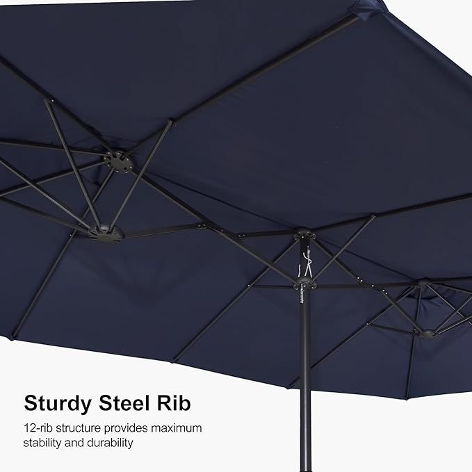 PURPLE LEAF 15ft Patio Market Umbrella with Base Double-Sided Rectangle Outdoor Table Sun Umbrellas with Crank 12 Heavy Duty Sturdy Ribs for Pool Beach Deck Backyard Navy Blue