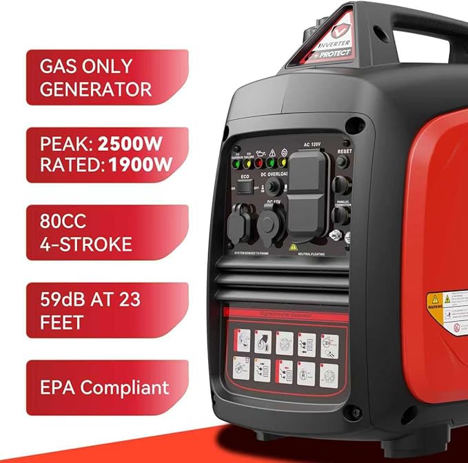 2500W Portable Generator Super Quiet Inverter Generator Ultra Lightweight for Home Backup Outdoor Camping, CO Sensor Protect, EPA, ECO Mode
