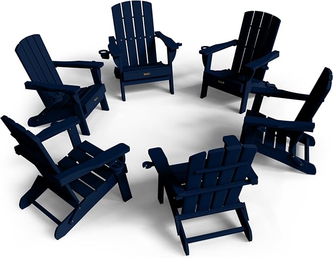 Folding Adirondack Chair 6 Pack, HDPE All-Weather Fire Pit Chairs, Plastic Adirondack Chairs with 2 Cup Holder, Outdoor Lawn Chair for Patio Garden (Navy Blue)