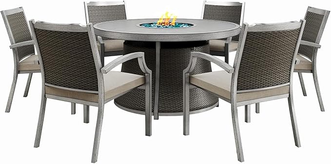 7-Pieces Patio Furniture Set with 52" Round Fire Pit Table, 6 x Patio Dining Chair with Cushions, 50,000 BTU, with CSA Certified, All-Weather Aluminum Frame Conversation Sets for Yard, Patio, Garden