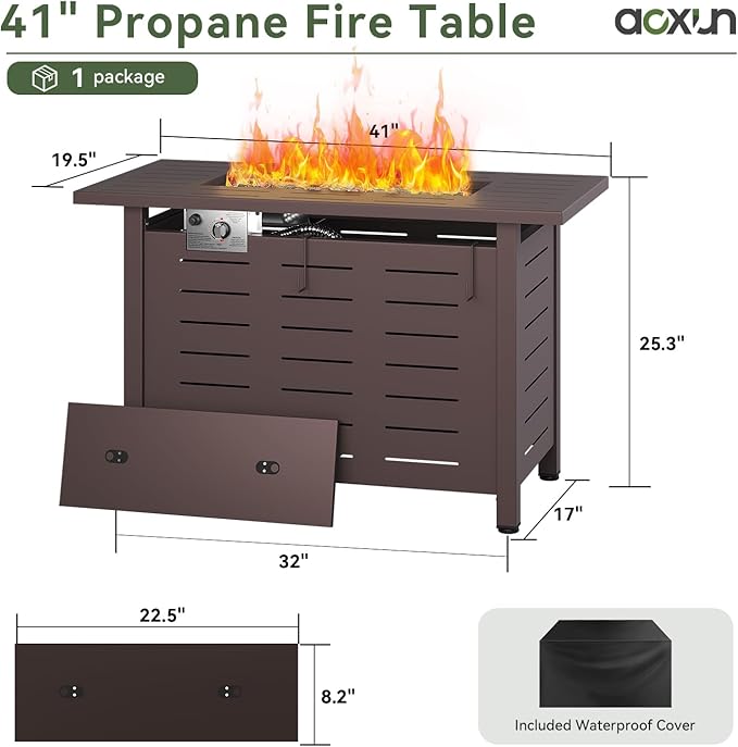 Aoxun 41" Propane Fire Pit Table – 50,000 BTU Outdoor Gas Fire Pits with Removable Lid & Waterproof Cover, Lava Rocks Rectangle Gas Firepit Table for Outside Patio Brown