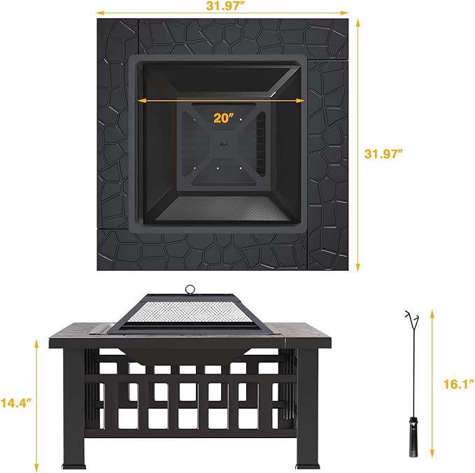 Tuoze 32-inch Fire Pits Outdoor Patio Metal Multifunctional Firepit Table with Waterproof Cover for Camping Bonfire Party Picnic BBQ Backyard Garden Outside Heating,black