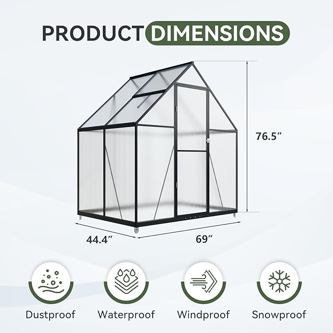 Aoxun 4x6 FT Outdoor Greenhouse, Polycarbonate Greenhouse with Aluminum Frame, Walk-in Green House with Roof Vent, Ground Nails, Lockable Door for Garden Backyard, Patio, Lawn,Quick-Installation
