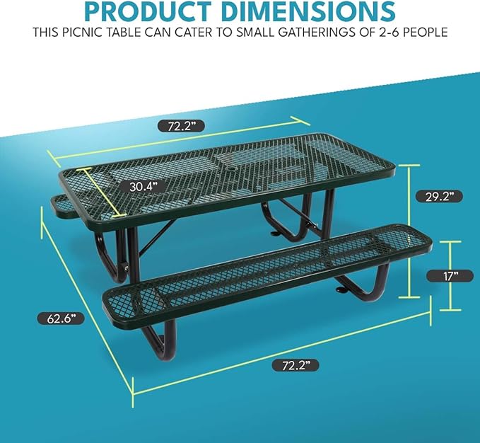 Phyfalip 6 ft. Rectangular Outdoor Steel Picnic Table with Umbrella Pole, Heavy-Duty Weather-Resistant Dining Table for Patio, Backyard, and Garden, Rust-Resistant Finish, Green