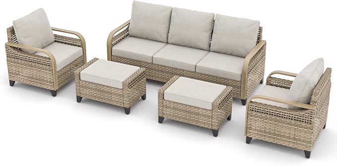 EAGLE PEAK Modern Wicker Outdoor Patio Furniture Set, Patio Conversation Set, 2 Chairs, 3-Seat Loveseat and 2 Ottomans, 5 Pieces, Brown/Gray
