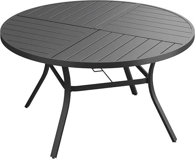 VICLLAX Round Patio Dining Table, 6-8 Person Metal Outdoor Dining Table with Umbrella Hole and Storage Shelf for Garden Lawn Deck, 53" Black