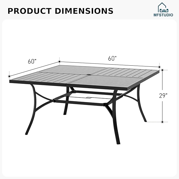 MFSTUDIO 60" Square Metal Outdoor Dining Table, Large Patio Furniture 8 Person Table with Adjustable Umbrella Hole for Deck,Backyard,Lawn,Garden(Black)
