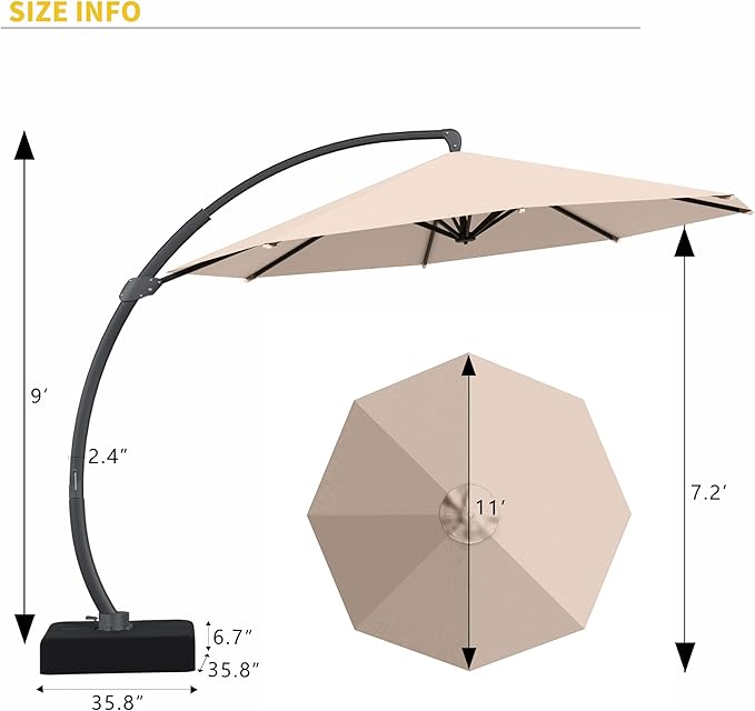 Kingdura 11ft Cantilever Patio Umbrella with Base Included, Large Round Offset Outdoor Pool Umbrella, 360° Rotation & Infinite Tilt, Heavy Duty Aluminum Frame for Deck Backyard, Beige