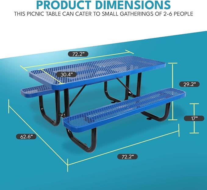 Phyfalip 6 ft. Rectangular Outdoor Steel Picnic Table with Umbrella Pole, Heavy-Duty Weather-Resistant Dining Table for Patio, Backyard, and Garden, Rust-Resistant Finish, Blue