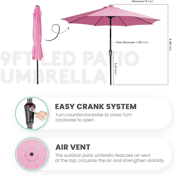 JEAREY 9FT Outdoor Patio Umbrella with Solar Lights, LED Lighted Pool Umbrella with Tilt and Crank, Outdoor Table Umbrellas for Deck, Yard & Market (Rose Pink)