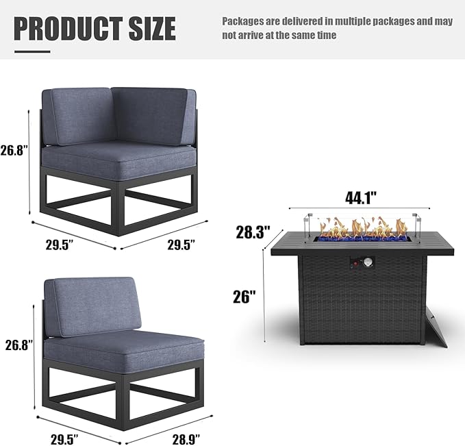 LayinSun Large Aluminum Patio Furniture Set with Fire Pit Table, 7 Pieces Modern Outdoor Conversation Set Sectional Metal Sofa Set with Olefin Cushion