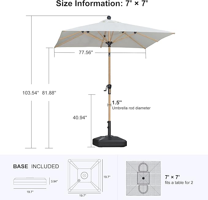 PURPLE LEAF 6.5' x 6.5' Patio Umbrella with Base Square Outdoor Table Umbrella Market Umbrella with Push Button Tilt & Crank and 8 Ribs Aluminum Outdoor Umbrella for Pool Backyard Beach, Cream