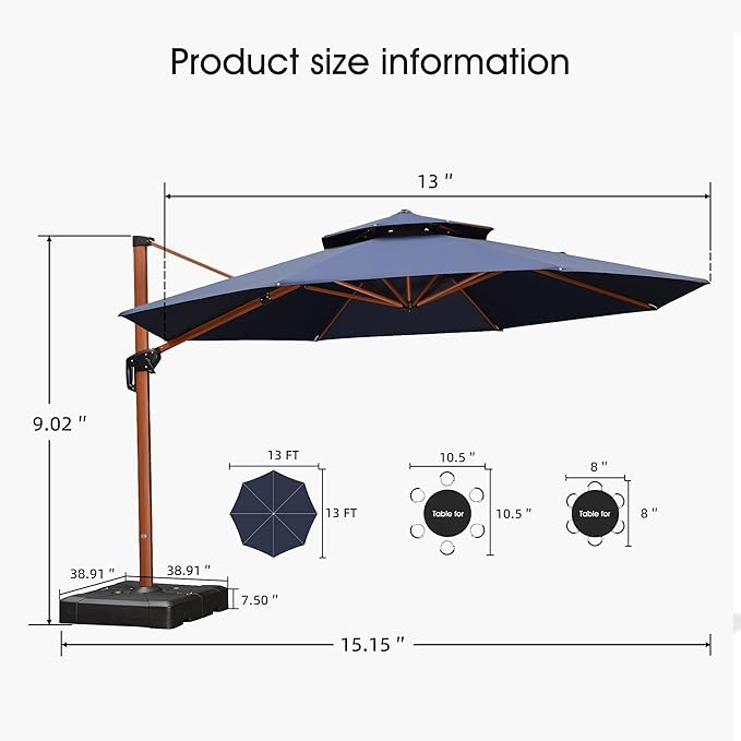 PURPLE LEAF Cantilever Umbrella with Base Outdoor Round Umbrellas Large Cantilever Umbrella Windproof Offset Heavy Duty Sun Umbrellas for Garden Deck Pool Patio, 13ft Navy Blue