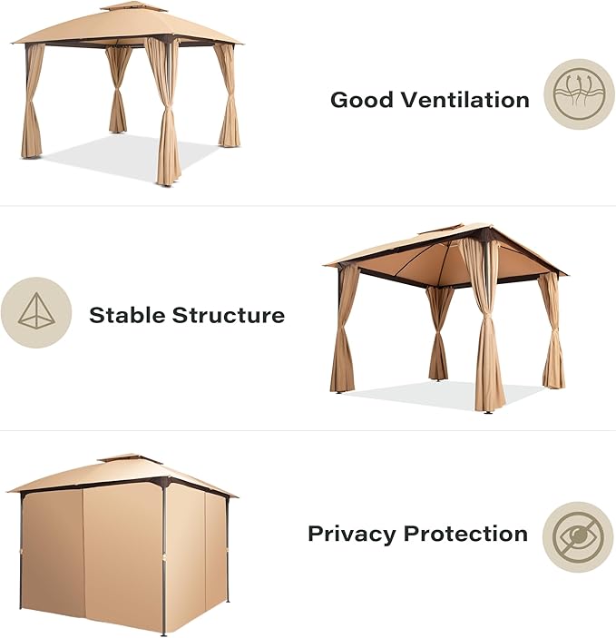 LAUSAINT HOME 10'x10' Patio Curved Gazebo Outdoor Canopy Tent, 2025 Party Tent Shelter with Expansion Bolts and Wind-Resistant Ropes for Patios, Garden, Backyard and Lawn, Khaki