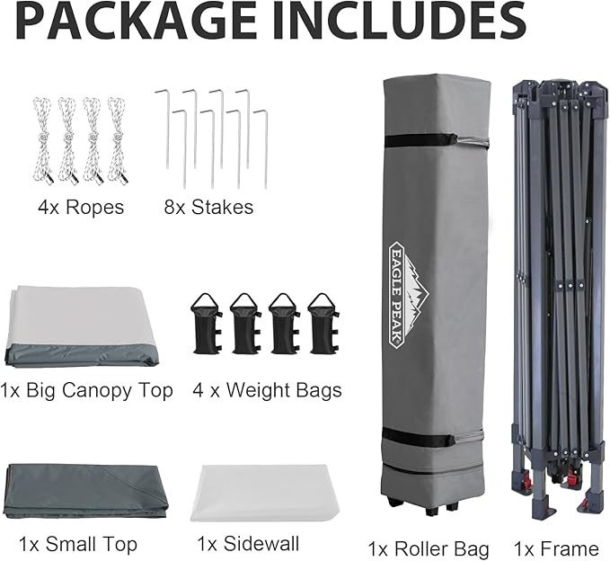 EAGLE PEAK 13x13 Pop up Canopy Tent w/One Wall, Instant Canopy Easy Set up Folding Shelter w/One Privacy Curtain, 169 Square Feet Sun Shade, Light Gray