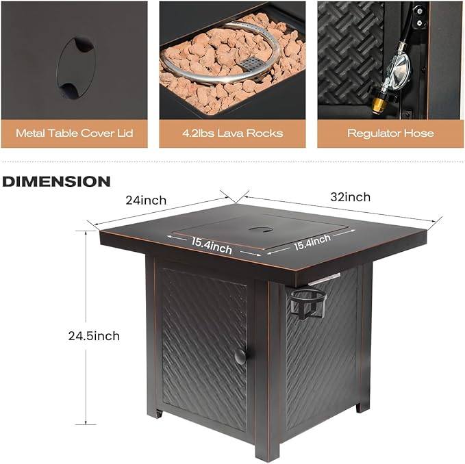 32'' Propane Fire Pit,50000 BTU Gas Firepit Table with 2 Drink Holders, Lid & Lava Rock,Outdoor Fire Pit Table for Dining or Party,Propane Firepits for Outside,Patio,Yard