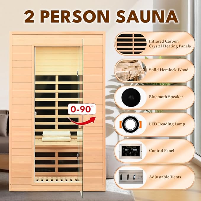 2 Person Infrared Sauna with Wood Backrest, 1500Watt Low EMF Far Infrared Sauna for Home Spa, Hemlock Indoor Personal Sauna with Blue-Tooth Speaker, 2 Reading Lights,1500W/120V/15A