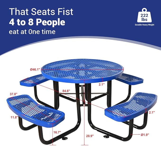 Rueekfil 46" Thermoplastic Picnic Table with Umbrella Hole up to 1.5", Heavy Duty Commercial Picnic Table for Outdoor, Family & Party Ready for School Camping, Round, Blue