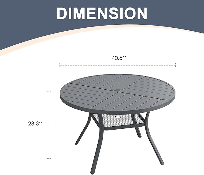 VICLLAX Round Patio Dining Table, 4 Person Metal Outdoor Dining Table with Umbrella Hole and Storage Shelf for Garden Lawn Deck, 40.6" Dark Grey