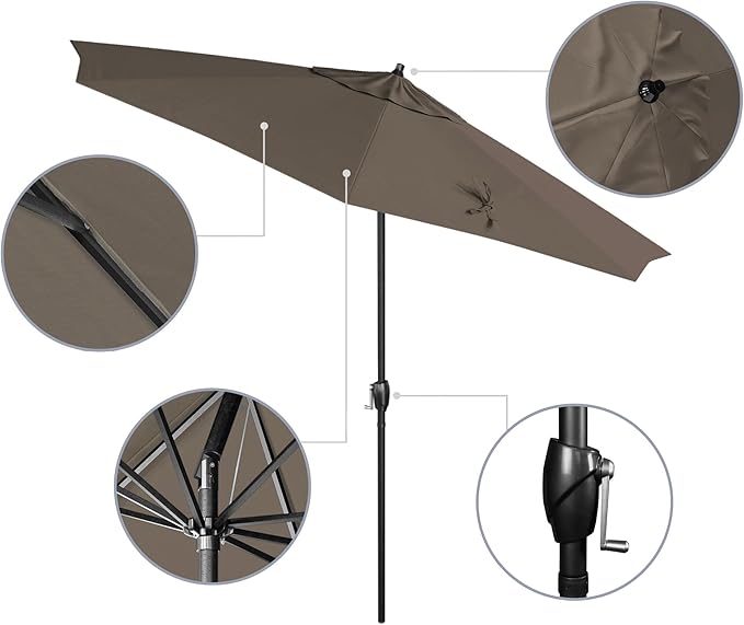 California Umbrella 9' Rd Aluminum Patio Umbrella, Crank Lift, Auto Tilt, Black Finish, Sunbrella Dove