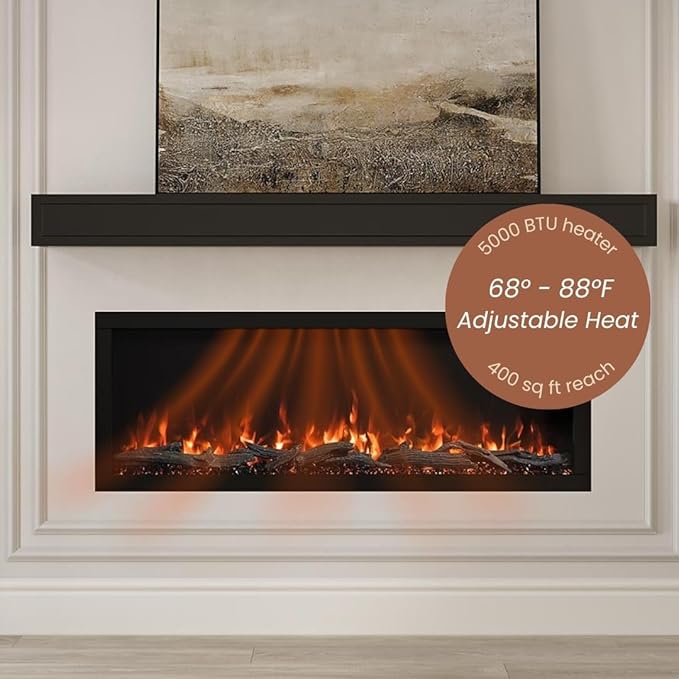 Modern Ember Highmark 50 Inch Smart Linear Electric Fireplace - Premium Flame with 10 Colors, Sleek Hidden Vent Design, Install Recessed in-Wall or Wall-Mount, WiFi Enabled