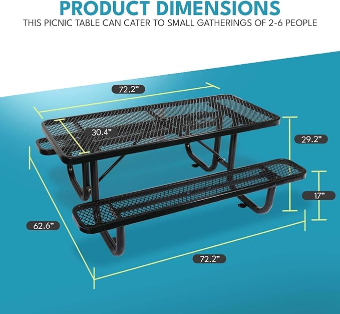 Phyfalip 6 ft. Rectangular Outdoor Steel Picnic Table with Umbrella Pole, Heavy-Duty Weather-Resistant Dining Table for Patio, Backyard, and Garden, Rust-Resistant Finish, Black
