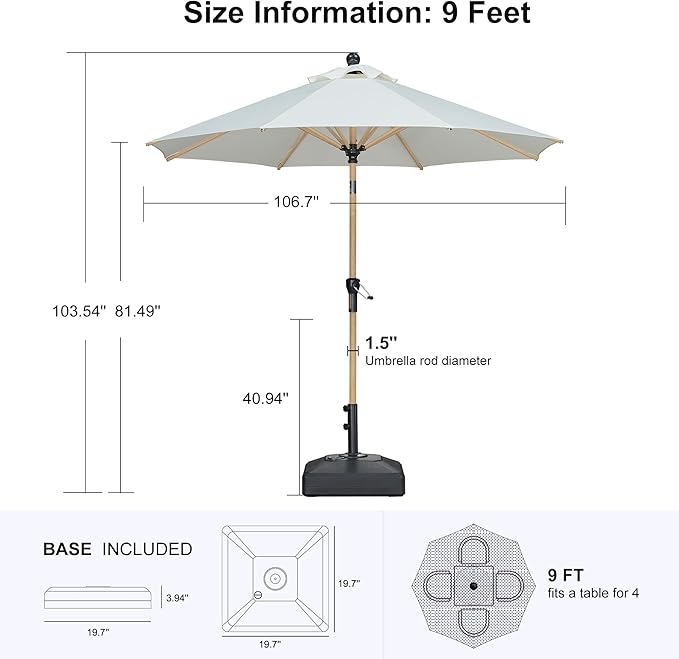 PURPLE LEAF 9 Feet Patio Umbrella with Base Market Umbrella Round Outdoor Umbrella with Push Button Tilt & Crank and 8 Ribs Aluminum Outdoor Table Umbrella for Garden Deck Balcony, Cream