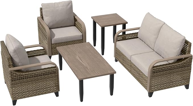 EAGLE PEAK Modern Wicker Outdoor Patio Furniture Set, Patio Conversation Set, 2 Chairs, 2-Seat Loveseat, Coffee Table and Side Table, 5 Pieces, Brown/Gray