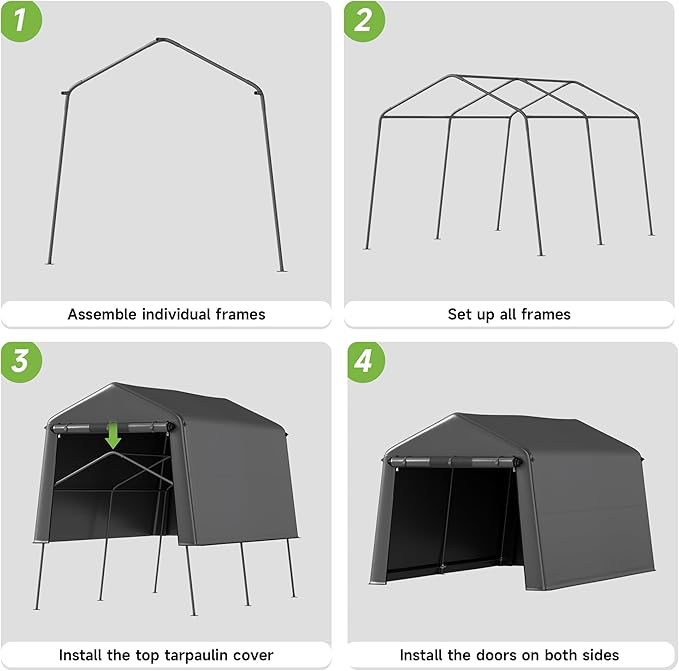 Real Relax Outdoor 7x12 ft Steel Metal Carport Shelter for Motorcycle, ATV & Garden Tools, Waterproof with 2 Roll-Up Doors & Vents