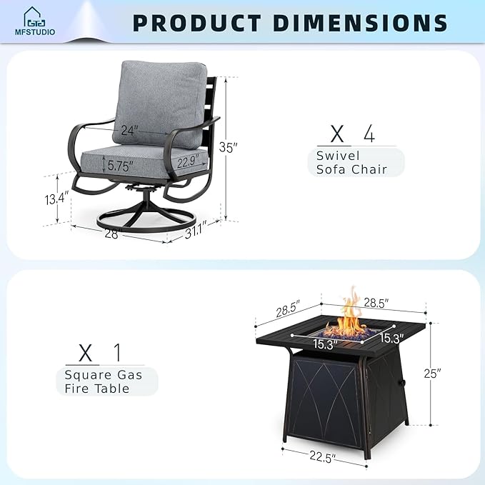 MFSTUDIO 5 Pieces Patio Conversation Sets, Outdoor Metal Furniture Sofas with 1 x 28 50,000 BTU Square Propane Gas Fire Pit Table and 4 x Steel Frame Patio Sofa Swivel Chairs with Grey Cushion