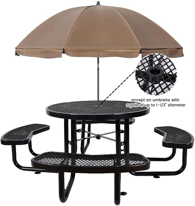 KUFUH 46" Round All Metal Picnic Table for 4-8 Person, Durable Heavy Duty Commercial Picnic Table with Umbrella Hole for Outdoor Coffee Shop, School, Easy to Assemble, Black