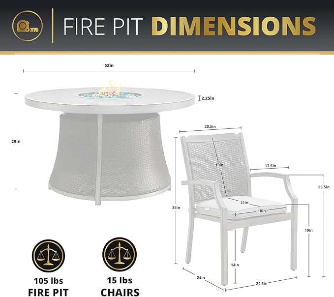 7-Pieces Patio Furniture Set with 52" Round Fire Pit Table, 6 x Patio Dining Chair with Cushions, 50,000 BTU, with CSA Certified, All-Weather Aluminum Frame Conversation Sets for Yard, Patio, Garden