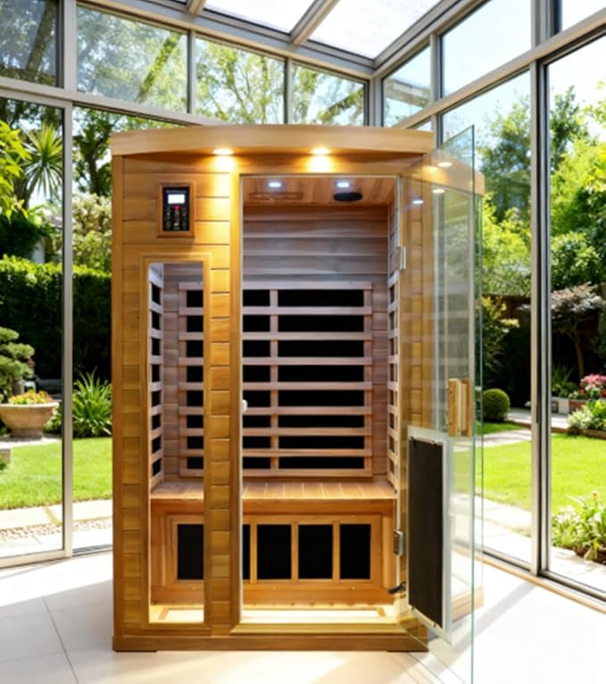 2 Person Low EMF Infrared Sauna for Home, Red Cedar Wood Far Infrared Saunas, 1750watt Indoor Personal Sauna Room with Door Heating Panels, Glass Door, Blue-tooth, Dual Control, Outdoor Lamps