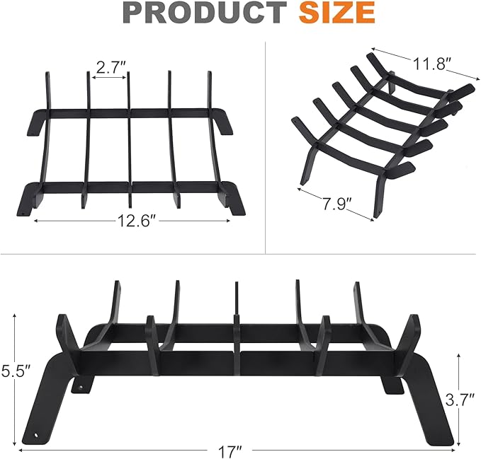 1MORE Fireplace Grates 17 Inch - Heavy Duty Steel Fireplace Rack | Fireplace Log Holder for Indoor | Small Fire Place Grate| Fireplace Racks for Inside Fireplace| Firewood Grate| Wood Stove Grate